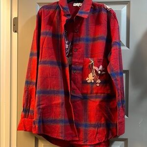 Red and Blue Plaid Button Down Shirt with Floral Embroidery